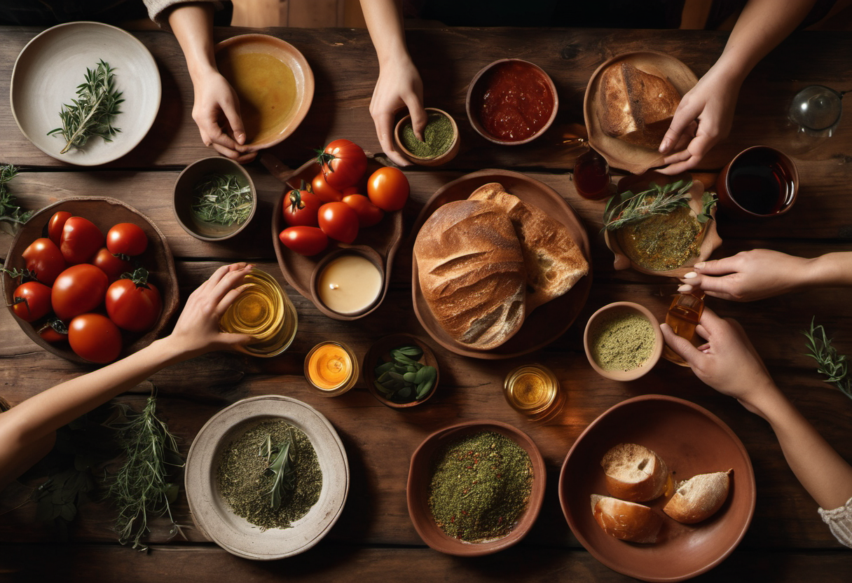 top-down view of a rustic shared meal on warm wooden table